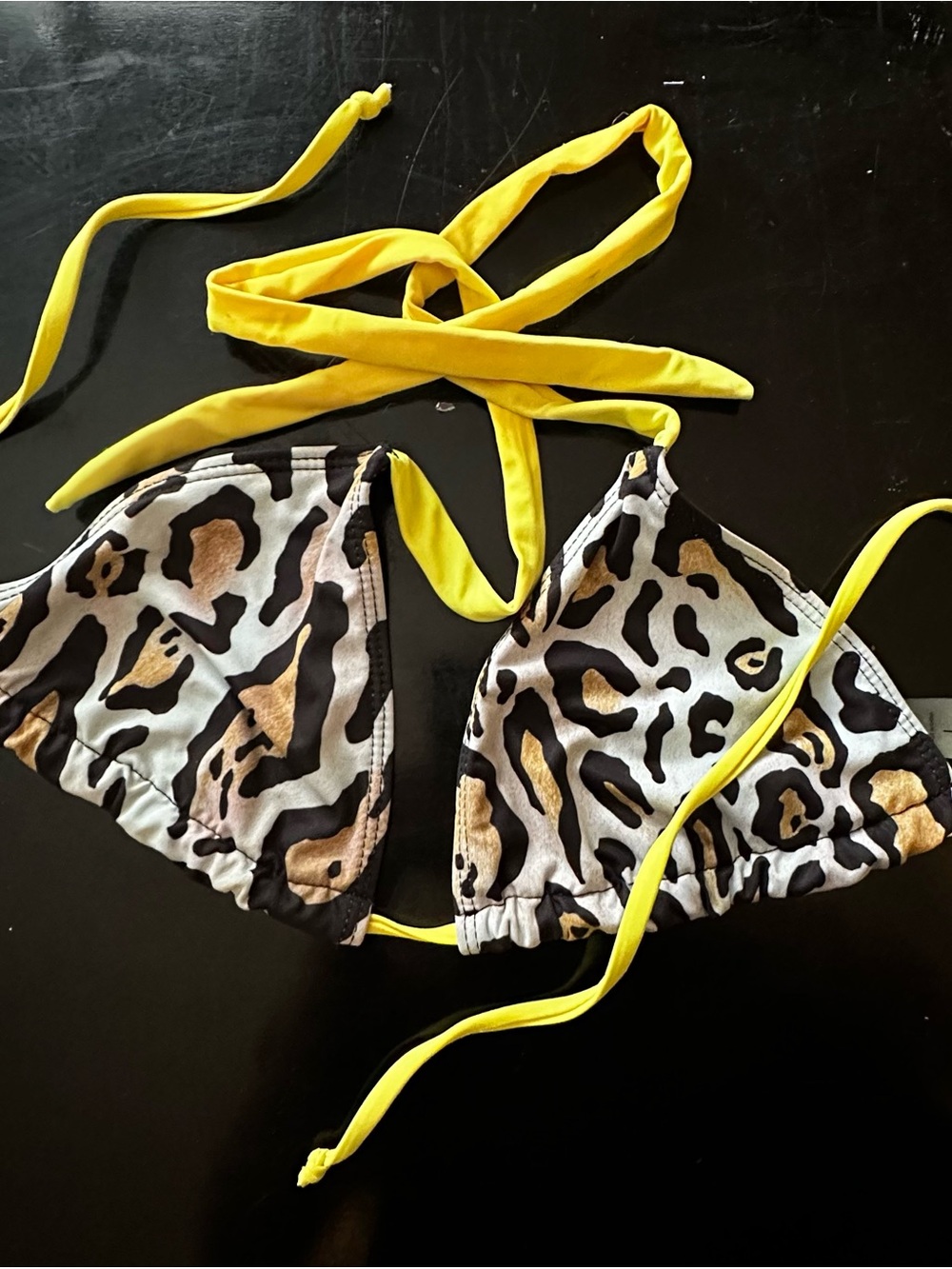 Leopard Print Triangle Bikini Top with Yellow Straps